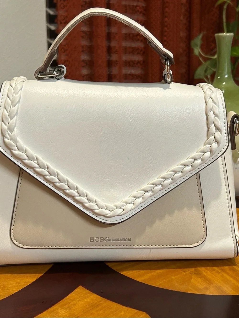 BCBGMaxAzria White Braided-Trim Top Handle Satchel